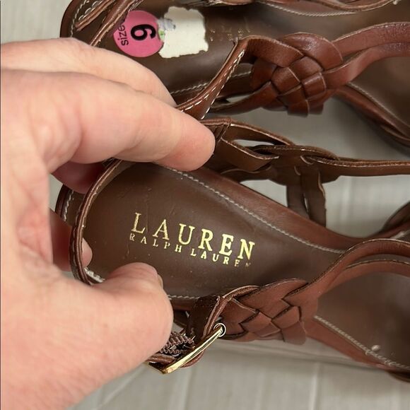 LAUREN RALPH LAUREN 9 Brown Woven Heeled Sandals Braided Slingback Open Toe - Picture 2 of 15